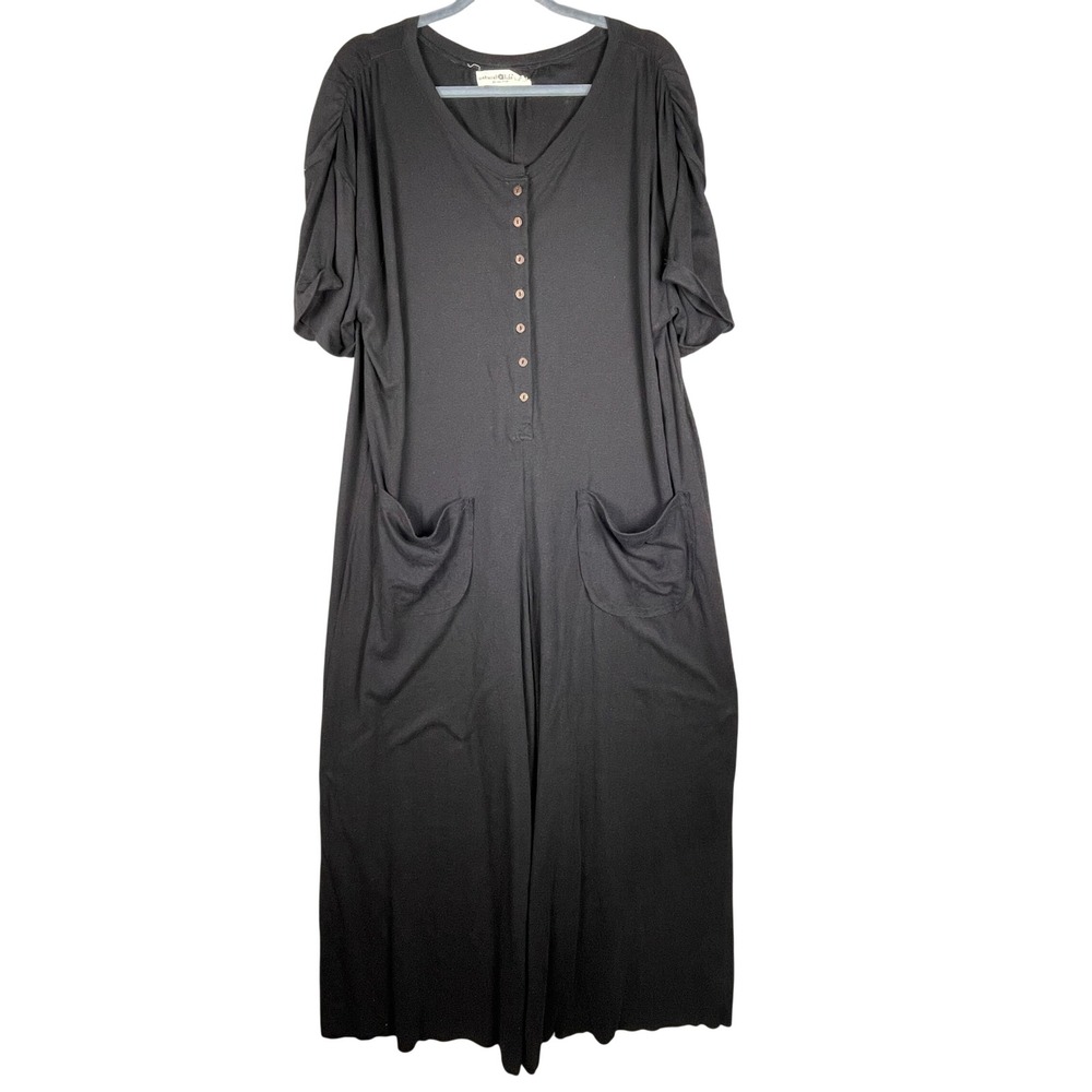 Natural Life Jumpsuit Women XL Black Very Good Puff Sleeve Wide Leg Pocket